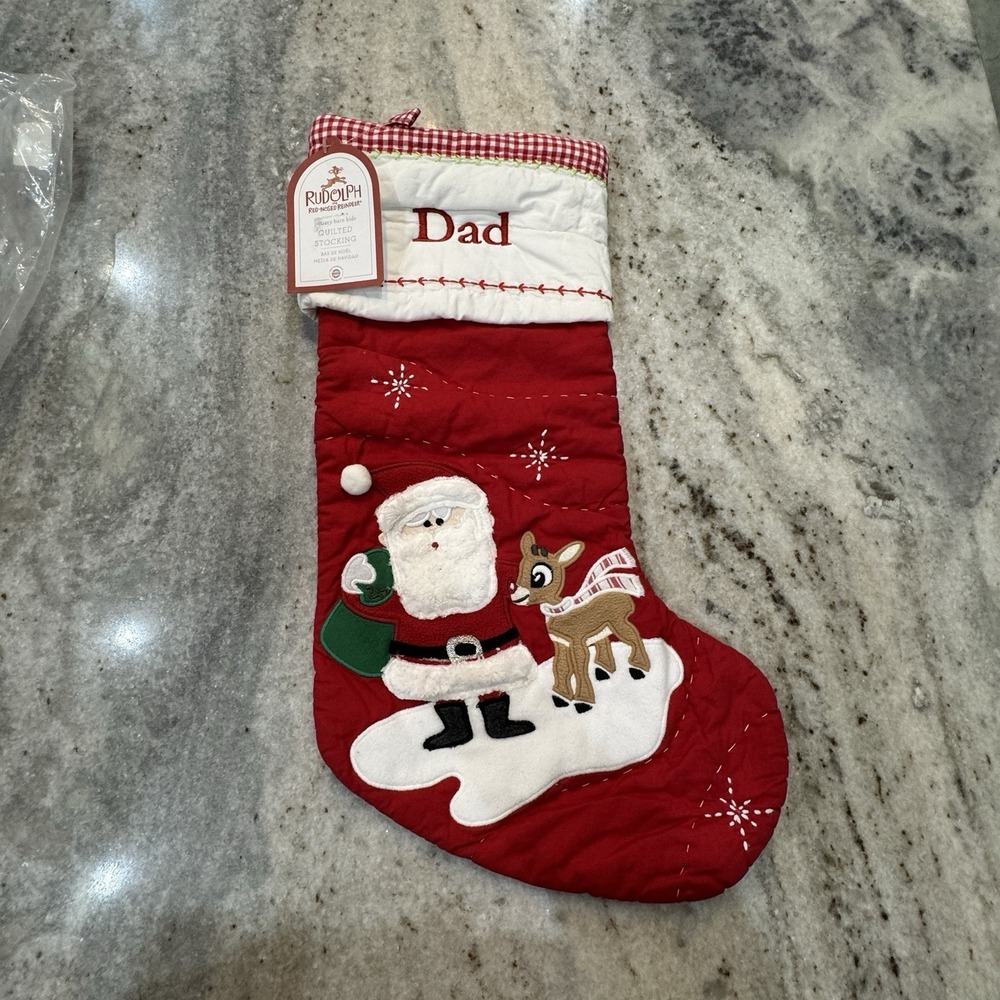 NWT Pottery‎ Barn Kids Quilted Christmas Stocking "Dad" Santa Rudolf Red Cotton